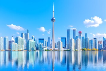 Fototapeta premium Stunning cityscape reflected in calm water under a vibrant blue sky