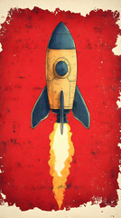 Rocketship launches into space a retro graphic art style with an orange and red background