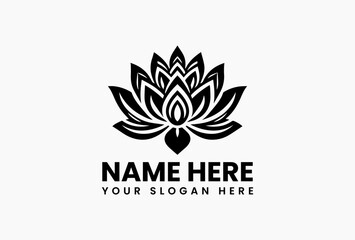 Obraz premium Elegant black lotus flower icon in vector format, stylized plant silhouette isolated on white background for wellness, spa, and nature branding 