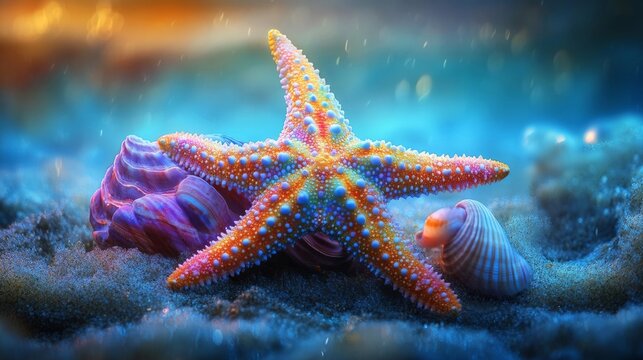 Vibrant Starfish and Seashells on Sandy Beach at Night