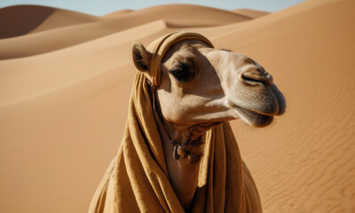 A camel wearing a blanket in the desert, suitable for use in travel or adventure-themed content