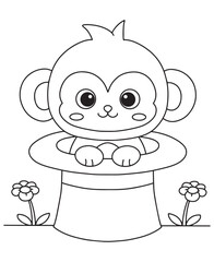 Coloring book  monkey popping out of a top hat among the flowers