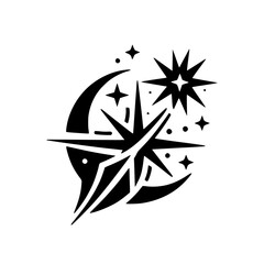 Obraz premium Mystical Cosmic Compass Star and Crescent Moon Graphic Icon - Black and White Celestial Symbol