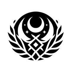 Celestial Mystical Emblem with Moon, Wings, Stars, Wreath, and Geometric Symbol - Black and White Vector Logo