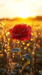 Dew-kissed rose at sunrise