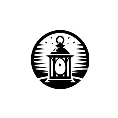 Elegant Stylized Islamic Lantern Icon in Black and White Circle Illustration - Ramadan & Eid Graphic Symbol