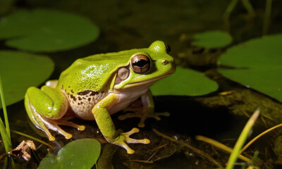 Fototapeta premium A small green frog sits on the edge of a leaf floating on a calm pond