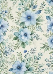 Creamy backdrop, delicate blue & green watercolor floral pattern ,  nature,  pastel,  motif