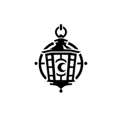Vintage Graphic Black Lantern Icon with Crescent Moon Symbol for Night Light or Mystic Concepts