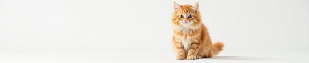 Fluffy red tabby cat with adorable expression sitting on white backdrop, whiskers, pet, domestic