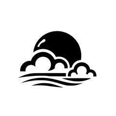 Fototapeta premium Minimalist Black Silhouette Icon: Sun or Moon Setting/Rising Over Water with Clouds