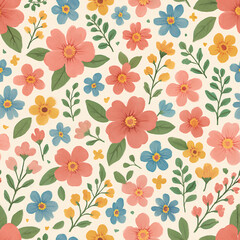 Seamless Floral Pattern with Colorful Blooms and Leaves on a Soft Background, Ideal for Wrapping Paper, Textiles, and Decorative Projects