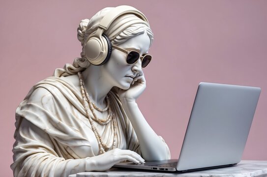 Modern adaptation of a classical sculpture engaged with technology in a creative setting