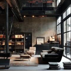 Industrial loft apartment living room with dark furniture, exposed brick, and large windows.