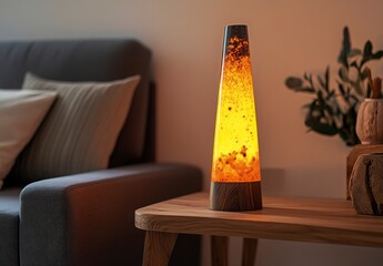 Amber Lava Lamp On Wooden Table In Living Room