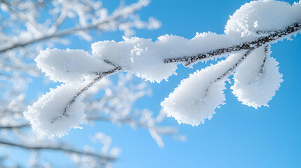 Snow-covered branch against a vibrant blue winter sky. Perfect for winter, holiday, or nature themes.