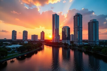 Sunset casts long shadows on towering skyscrapers of downtown Tampa, Tampa, urban