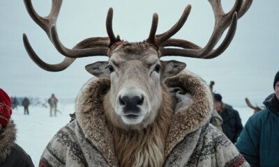 A reindeer stands in snowy terrain, its large antlers prominent