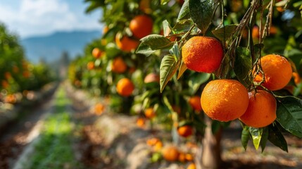 A row of orange trees with fruit hanging from the branches