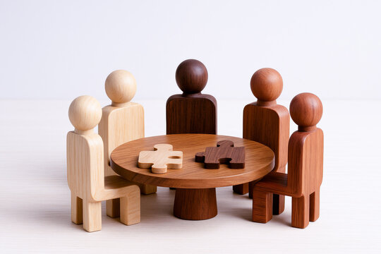 Cultural diversity and inclusive workplace shown by authentic representation of people around table with puzzle pieces