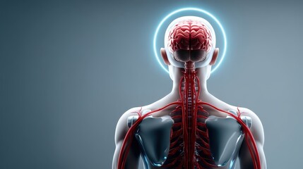 Medical educational image of full-body human with transparent skin, red spine and brain, peripheral nerves glowing blue, subtle pastel halo, white setting.