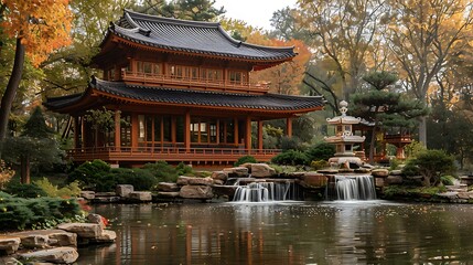 Fototapeta premium Serene Japanese pavilion reflecting on peaceful pond high resolution photo