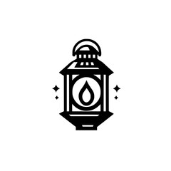 Black & White Minimalist Geometric Lantern Icon with Flame and Sparkles