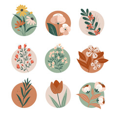 A set of beautiful compositions with flowers on branches with leaves in a circle in retro colors and graininess. Vector illustration.
