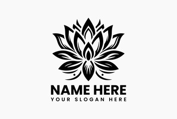 Symmetrical black lotus silhouette with layered petals, timeless floral icon for spiritual and wellness brands