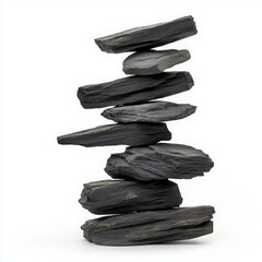 Balanced Stack Of Dark Gray Stones On A White Surface