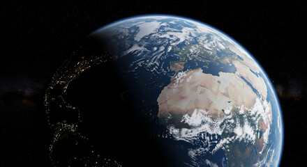 Spectacular view of the Earth from space, showing continents, oceans, and city lights at night.