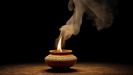 Antique brass oil lamp glowing softly, casting flickering shadows and gentle smoke wisps rising against deep shadowy background, evoking nostalgic ambiance - Powered by Adobe