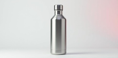 Front view of stainless steel thermal water bottle on white backdrop, insulated, gym, hot
