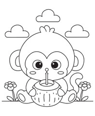 Coloring book  monkey sipping from a coconut drink among flowers under the clouds