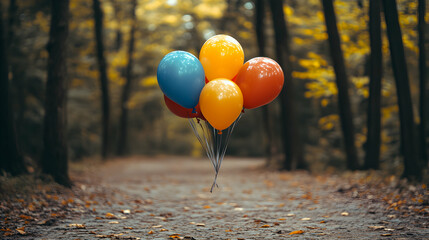 Colorful balloons float magically above a tranquil autumn forest path, creating a whimsical and dreamy scene.