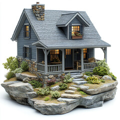 charming model house with stone exterior and landscaped surroundings, evoking warmth and comfort