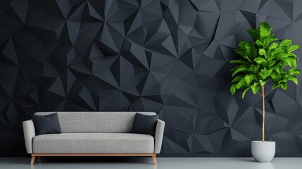 Black wallpaper with geometric patterns decorating a living room, adding depth and contrast to the space.
