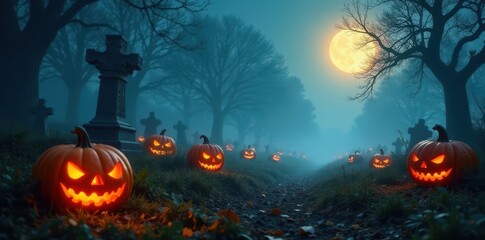 Spooky pumpkin patch amidst eerie graveyard fog, eerie, haunted