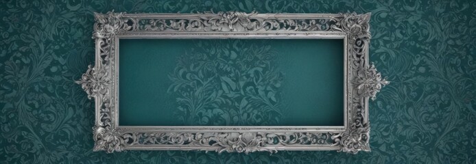 Silver leaf frame with arabesque pattern on teal damask ,  vintage,  teal damask,  elegant