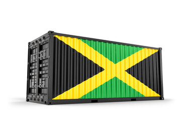 Jamaican flag-adorned shipping container representing international trade and global logistics connectivity. 3d Rendering