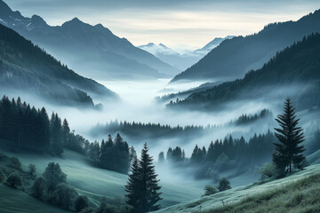 Obraz premium Majestic forested valley with morning mist and mountains in the distance