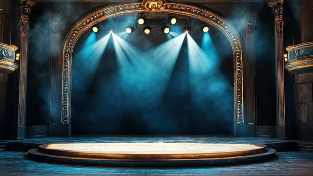 Stunning stage setup with dramatic lighting and fog before the performance begins in an elegant theater