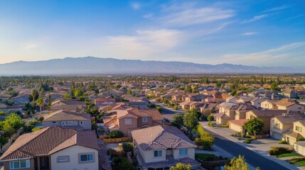 Fototapeta premium Aerial view of residential community with houses, streets, and mountains in the background under the blue sky in California