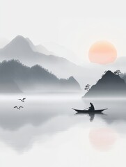 Serene Asian landscape with a fisherman