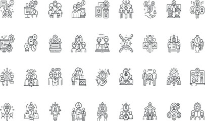 Core values line icon set. Vector pictograms of principles, business ethics, teamwork, leadership, diversity, integrity, trust, innovation