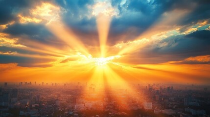 Obraz premium Dramatic sunset over city skyline with sun rays breaking through clouds.