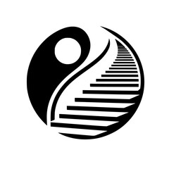 Abstract Staircase Path Symbol in Circular Black and White Graphic Illustration Representing Progress, Journey, and Balance