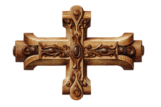 Ornate wooden cross on transparent background art