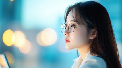 Glamorous Asian female entrepreneur attending a remote networking event