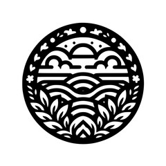 Fototapeta premium Minimalist Black & White Nature Emblem - Waves, Clouds, Sun, Leaves in Circle Graphic Design